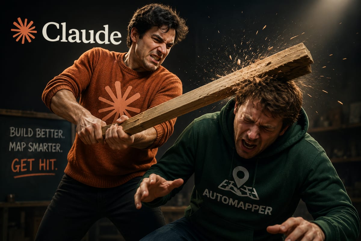 A staged photo: a man in a Claude jumper swinging a plank of wood labelled with the Claude logo into the head of a man in a green AutoMapper hoodie, sparks flying. Chalked on the wall behind: "Build better. Map smarter. Get hit."