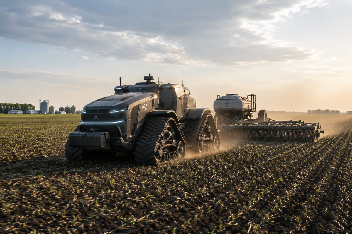 A cab-less autonomous tractor on rubber tracks towing a seed drill across a freshly worked field at sunset, kicking up dust, with grain silos on the horizon.