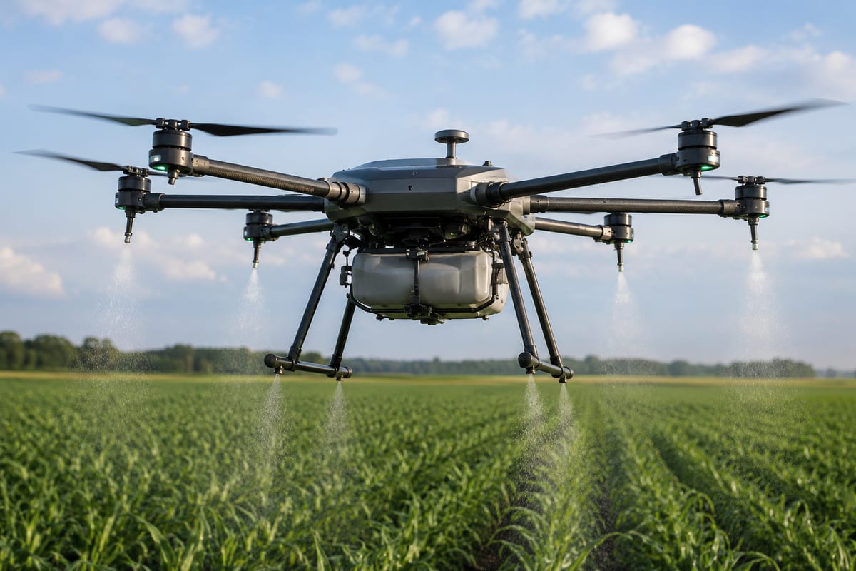 A large agricultural hexacopter spray drone hovering low over a green crop field, mist falling from its boom nozzles onto the rows below.