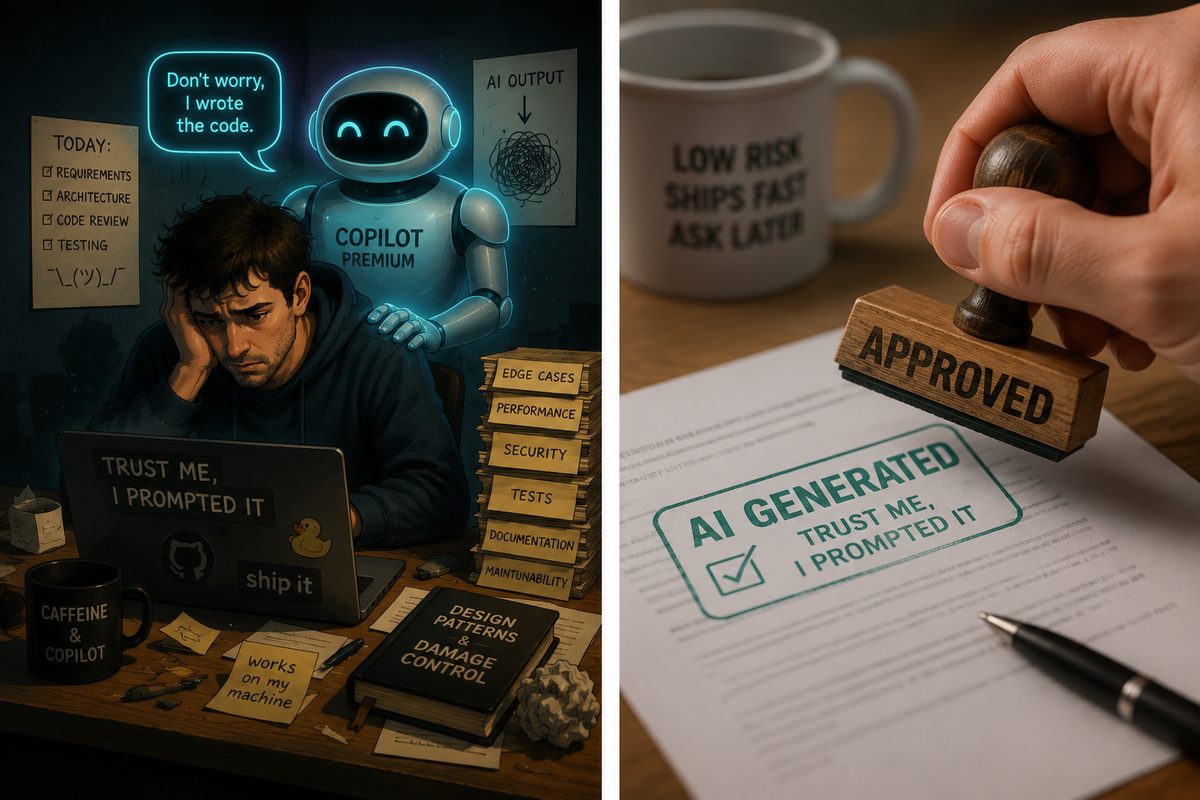 Two panels. Left: a tired developer at a laptop plastered with "Trust me, I prompted it" and "ship it" stickers, a glowing Copilot robot resting a hand on his shoulder saying "Don't worry, I wrote the code", with edge cases, performance, security, tests, documentation and maintainability stacked in a pile to one side. Right: a hand bringing an APPROVED stamp down on a document already stamped "AI generated, trust me, I prompted it", next to a mug reading "low risk, ships fast, ask later".